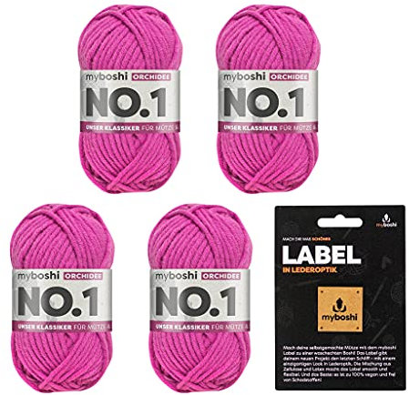 myboshi No.1 Wolle zum Häkeln und Stricken, Schnellstrickgarn, inkl. Label, Strickwolle, Häkelwolle, mulesing-frei, Ll. 55m /50g, 30% Wolle (Merinowolle) Rosa (Orchidee), 4 Knäuel