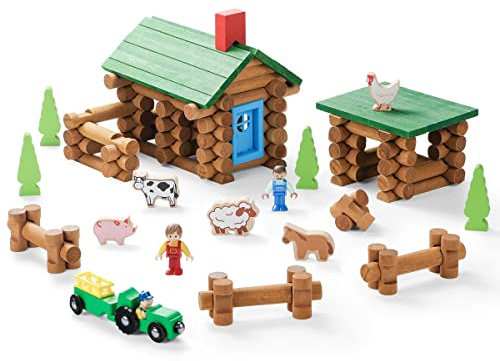 SainSmart Jr. Wooden Log Cabin Set Farm Building House Toy for Toddlers, 122 PCS Classic STEM Construction Kit with Colorful Wood Logs Blocks for 3+ Years Old