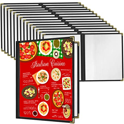 Restaurant Menu Covers Set 15 - Transparent Menu Covers 8.5 x 11 2-Page Menu Holders with Metal Corners and Black Folder