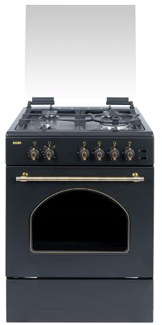 Svan Cocina Gas Butano 4 Zonas de Cocción, Horno 59 L, Rústico negro SKGW4600RN. Control Manual, Quemador WOK triple llama, 2 Programas de Cocción, Cristal en Puerta de Doble Capa, Tapa Abatible