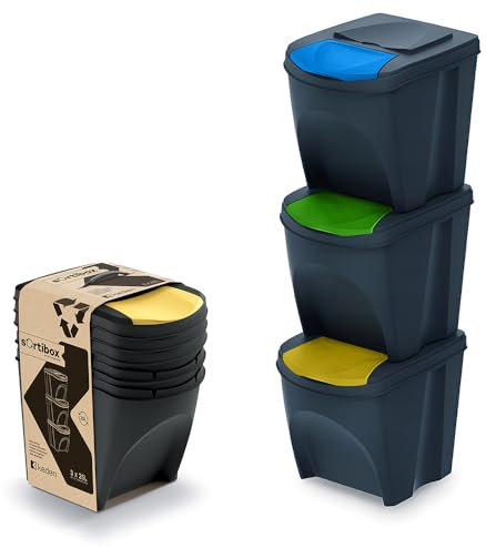 magubo Poubelle à 3 compartiments, système de tri sélectif à 3 compartiments, de qualité supérieure, robuste et spacieuse, 3 x 25 l, pour un tri efficace des déchets, noire, 3 x 25 l (Noir, 3x25L)