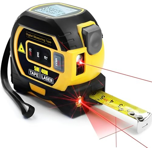 Cinta métrica láser 3 en 1 con pantalla LCD y láser de línea cruzada, herramienta de medición láser digital con función de cálculo, escala de hasta 131 pies, cinta métrica de 16 pies (amarillo)