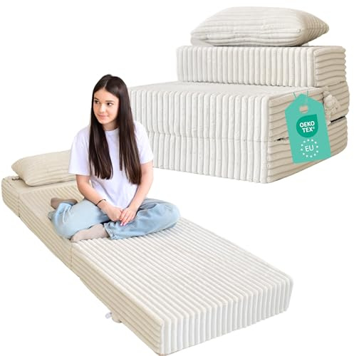 Odolplusz Premium hopfällbar madrass 70 x 205 x 15 cm | 3-delad vikbar madrass med avtagbart överdrag | skum extra tjock 15 cm | madrass vikbar gästmadrass resemadrass (beige)