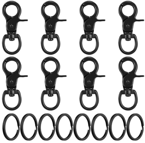 8 st svart fjäderklämma, 8 st platt ring, vridbar karbinhake, metallkarbinhake, nyckelring, nyckelring