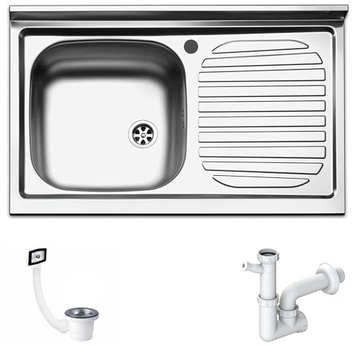 FHULLER Lavello da Appoggio Inox 80x50 NO DA INCASSO PI801RPC1 – 1 Vasca SINISTRA con Gocciolatoio DESTRO, Acciaio Inossidabile AISI 304 18/10, Monostampo con Pilette, Sifone, Foro Rubinetto Ø 3,5 cm