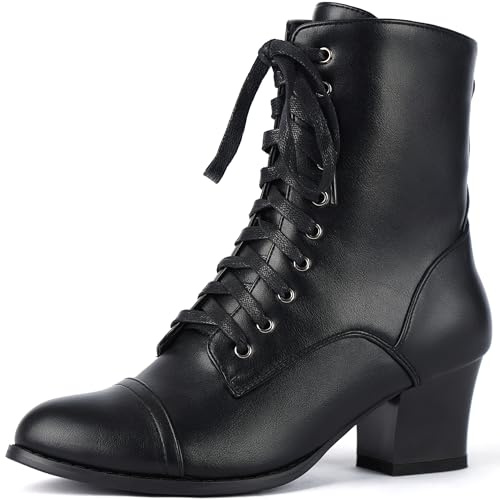 Voviggiw Bottines victoriennes pour femmes à tige courte, bottines de cheville à lacets pour femmes avec fermeture éclair latérale, talon bloc épais mi-haut, Noir , 37 EU