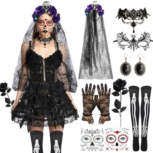 SOETDERT Cerchietto Giorno dei Morti Rose, Costumi Halloween Dia De Los Muertos, LED Fascia per Il Giorno dei Morti con Tatuaggi Faccia, Donna Costume per Halloween Carnevale Giorno dei Morti Feste