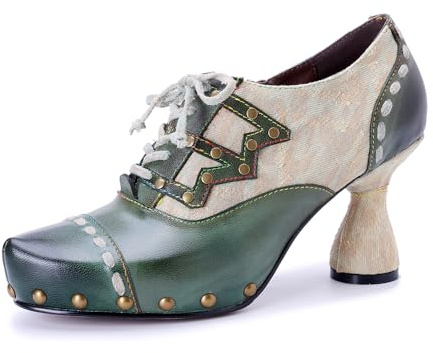 Läderpumpar, kvinnor färgglada vintage blockklack pumps Oxfordskor snörning Mary Jane-skor mitten kattunge häl halkskydd bröllop fest skor sommar vinter ankelstövel, gRÖN, 40.5 EU