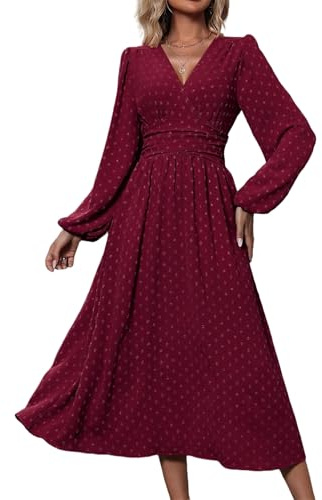 Vestido largo de mujer para otoño e invierno con cuello en V, manga larga abullonada, estilo A, vestido fluido con mangas tipo farol, vestido de invitada de boda, vestido maxi para fiesta, Vino, S