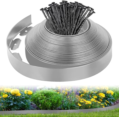 Bordes para Césped Flexible 10M x 5cm, Plástico Valla de Jardín con 50 Clavijas, Borde Delimitación para Césped para Jardine, Parterre, Camino de Patio, Gris