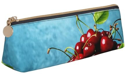 EZDLOWVBA Jolie trousse à crayons en cuir avec motif bol cerise sur bois pour filles et garçons, boîte de rangement pour fournitures scolaires et de bureau