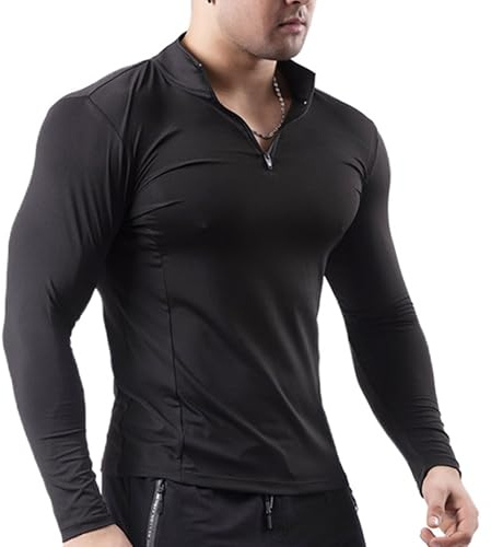 Bestgift Camiseta deportiva para hombre, ajustada, cuello alto, transpirable, ropa de fitness, baloncesto, entrenamiento, correr, Negro, M