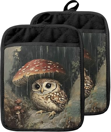 GOOZHO Dark Cottagecore Owl Mushroom Pot Holders with Pockets, Whimsical Forest Owl Oven Pot Holders Heat Resistant Oven Mitts Hot Pads for Kitchen Baking Cooking
