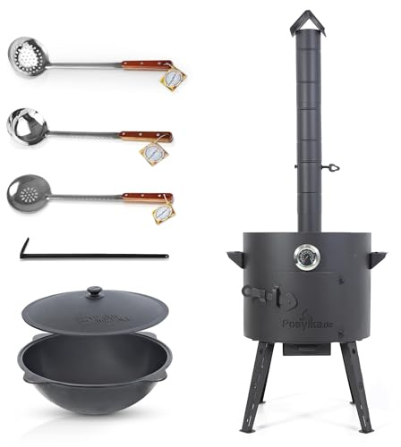 Utschak - Hornillo de fuego de 40 cm de diámetro con hierro fundido Kazan Wok, 12 l, diámetro de 42,5 cm, Kazan con tapa, para exteriores, cañón de gulash, cuchara espumosa, cucharón uzbeko Plov (base