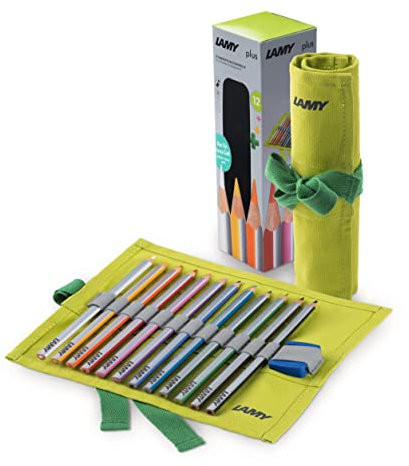 LAMY 1226068 plus Farbstifte 530 12er-Set: Farbstiftrolle mit 12 Farbstiften aus hochwertigem Zedernholz mit ergonomischer Dreieckform und hoher Farbbrillanz – Dicke Mine Ø 4 mm