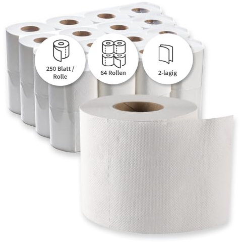 Franz Mensch HygoClean Toilettenpapier, Kleinrolle, 2-lagig, natur | aus Recyclingpapier, 64 Rollen je 250 Blatt, besonders Weiches Klopapier, WC-Papier,