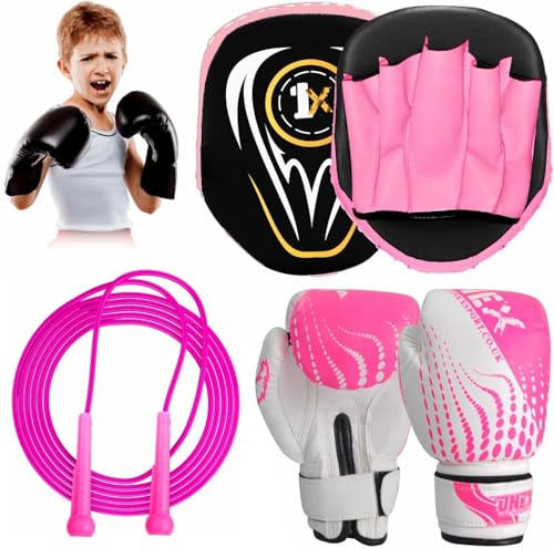Boxing Set Focus Pads and Gloves Mitts Punch Bag Head guard MMA Training Hook & Jab, Kids Unisex Sparring Gloves punching Pads Martial Arts Karate Fitness Exercise Sets. (PINK)