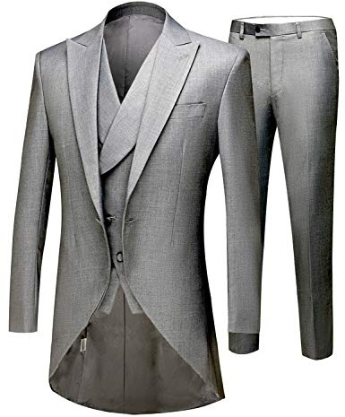 Trajes de frac largo de 3 piezas para hombre, color blanco, solapa de muesca, un botón, trajes de boda, esmóquines para novio, gris, 46