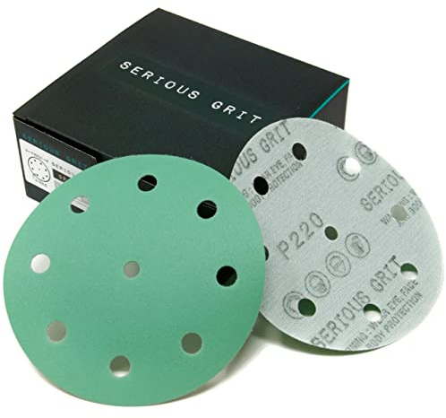 Serious Grit - 5-Inch 9-Hole 220 Grit Sanding Discs - Heavy-Duty Hook & Loop Film Discs - Sandpaper for Random Orbital Sanders - 50 Pack Box