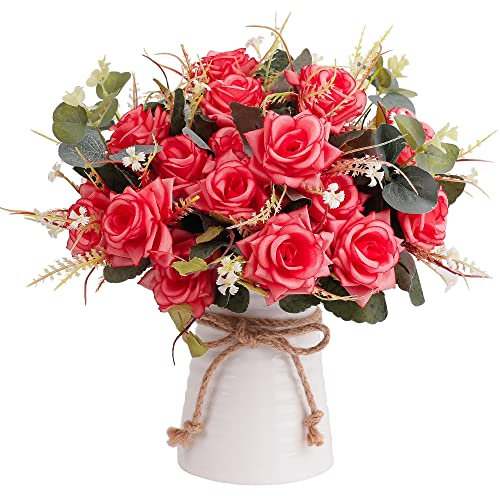 LESING Künstliche Rosenblüten mit Vase aus Kunstseide, künstliche Rosensträuße in Vase, Tischdekoration, für Zuhause, Hochzeitsdekoration (rot-1)