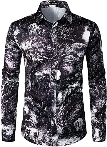PARKLEES Chemises pour homme Hipster en soie imprimée, coupe ajustée, manches longues, boutonnées en satin, L