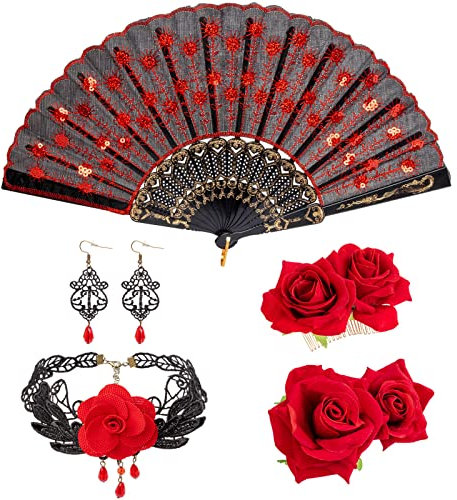 DRESHOW Pince à Cheveux Fleur Rose Tissu Eventail Pliant à Main Ensemble Cheveux Accessoires pour Femmes Danseuse de Flamenco