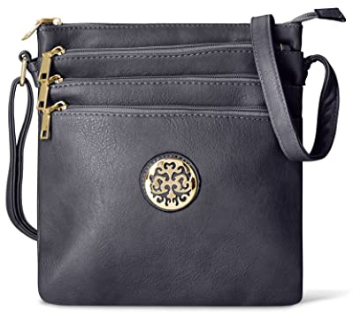 Woodland Leather Crossbody Bags For Women, Multi Zipper Spacious Cross Body Bag Women With Adjustable Crossbody Strap, Golden decorated Women's Hobos & Shoulder Bags (Black) (WL1112)