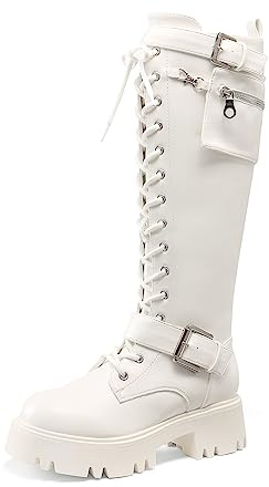 DREAM PAIRS Women's Combat Riding Platform Knee High Boots, Lace Up Fall Lug Sole Gothic Motorcycle Boots with Inside Zipper,Size 7,White,SDKB2304W