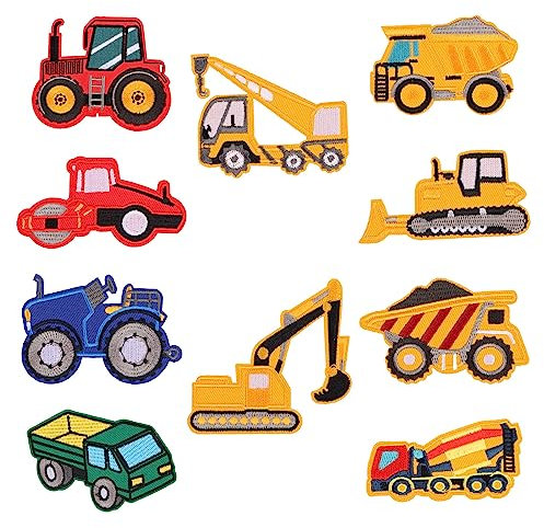 10 Stück Baufahrzeug Patch Kit,Bügelflicken für Kinder Gestickte Applikation,Patches zum Aufbügeln Aufnäher zum Aufbügeln für T-Shirt,Jeans, Kleidung Taschen,Mützen,Reparieren Sie das Loch (1)