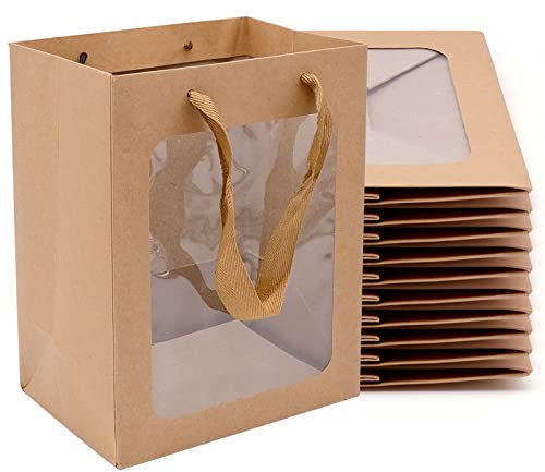YHSKJCD 10 Stück Papiertüten Geschenktüten, Kraftpapier Geschenktaschen mit Fenster Präsenttüten Verpackungsbeutel für Geburtstag Hochzeit Party Verpacken Bankett Geschenken