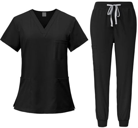 Baoblaze Women Uniform Scrubs Set Top and Pants Durable V Neck Comfortable with Pockets Work Clothing Nurse Workwear for Beauty Center, Black, S