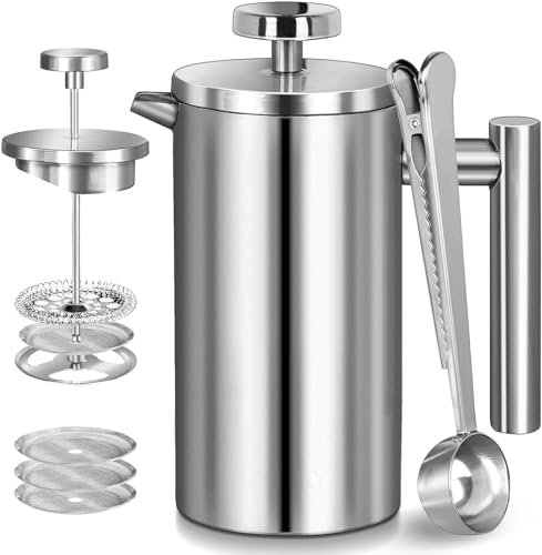 Wrobic French Press Kaffeebereiter 1000 ml (4 Tassen) Doppelwand Isolierte Französische Presse, Zusätzlichem 3 Filters und Löffel, Kaffee Französische Presse für Haus, Camping und Büro, Silber