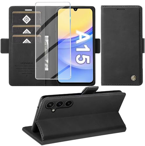 Giyer Handyhülle für Samsung Galaxy A15 5G Hülle mit Schutzfolie, Schutzhülle Galaxy A15 4G/5G PU Leder Wallet Flip Case Standfunktion Kartenfach Klapphülle für Samsung A15 Full Cover (Schwarz)