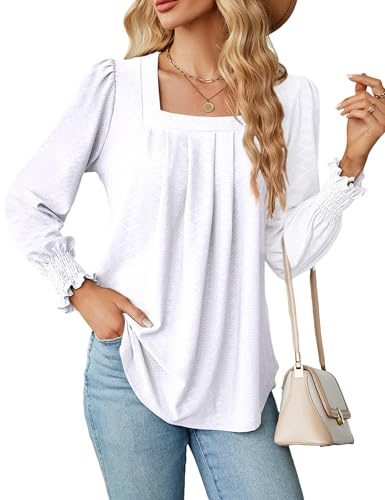 Heersan Mujeres Blusas de Manga Larga Blusas de Mujer Elegantes Camiseta Ladies Cuello Cuadrado Informal Pullover Tops Blusa Camisas con Volantes y Puños Fruncidos