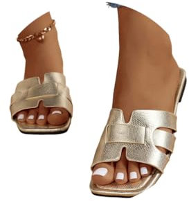 ORANDESIGNE Damen Slide Sandalen Frauen Slip-on Sommer Flache Sandalen PU-Leder Quadratische Zehe Sandalen Offene Zehe Formelle Urlaub Boho Slipper Schuhe A Gold 39 EU