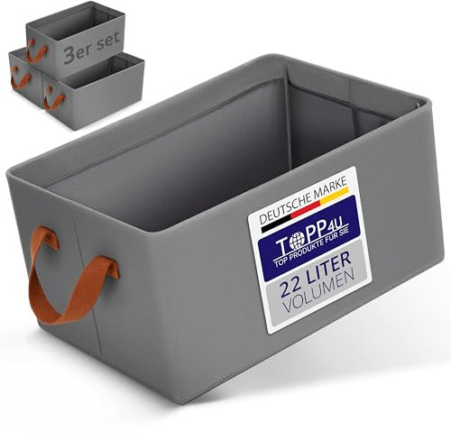 TOPP4u Aufbewahrungsbox Premium, 3er Set, 40x28x20 cm, extra stabile Ordnungsboxen durch Metallrahmen & Holzboden, faltbare Schrank Organizer, Kisten für Kleiderschrank, Box Aufbewahrung groß, grau