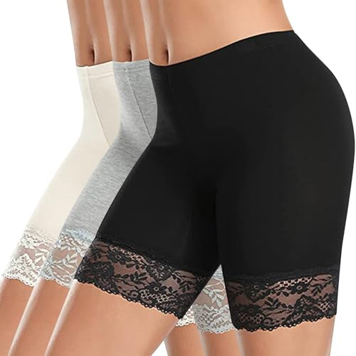 Flodxo Lot de 3 boxers pour femme en dentelle anti-frottement - Short long basique en coton - Culotte longue - Culotte longue - Culotte douce pour femme - Sous-vêtements de yoga et de gym, Noir 5, L