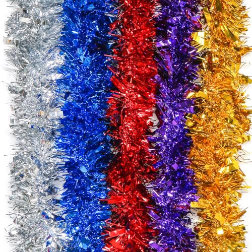 Weihnachtsgirlanden Bunt, 5pcs Lametta Girlande, 2m Lametta Weihnachtsbaum 5 Farben, Lametta Girlande Weihnachten, Weihnachtsdeko Lametta Bunt für Weihnachtsbaum, Geburtstagsparty Deko