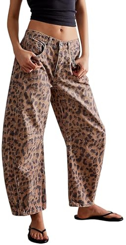 EZAPINE Damen-Jeans mit Leopardenmuster, leger, weites Bein, Baggy Panst, Y2K, Boyfriend-Stil, mittelhohe Taille, Denim-Knöchelhose, Khaki, XL