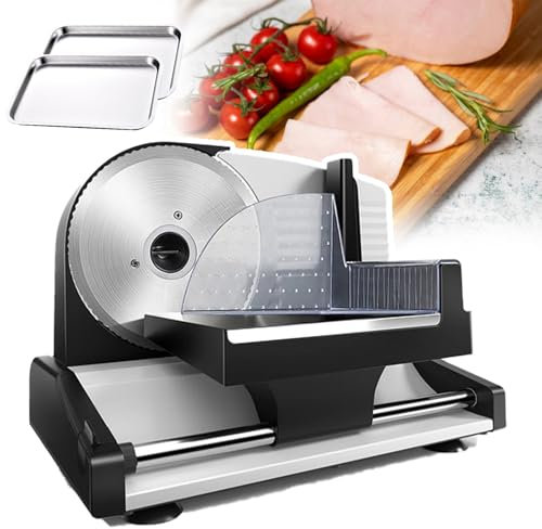 pedenencelia Cortadora Carne Eléctrica 200 W para Uso Doméstico,Cortadora Pan con Cuchilla Acero Inoxidable Extraíble 19 Cm,2 Bandejas,Empujador Alimentos,Cortar Carne Y Jamón