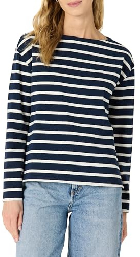 Amazon Essentials Top de Cuello Barco de Manga Larga con Corte Holgado, 100% Algodón de Alto Gramaje Mujer, Azul Marino Cáscara de Huevo Mariner Rayas, S