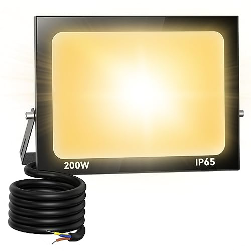 Zelvia 200W LED Strahler Außen 20000LM Superhell LED Strahler 3000K Warmweiß Scheinwerfer Außen IP65 Wasserfest Fluter Außenstrahler für Sportplatz Garage Garten Hotel