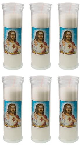 Tradineur - Pack de 6 velones litúrgicos con Imagen de Jesús, Velas de Santo de parafina y Cera Vegetal, decoración de Iglesias, cementerios, tumbas (Blanco - 18,5 cm)