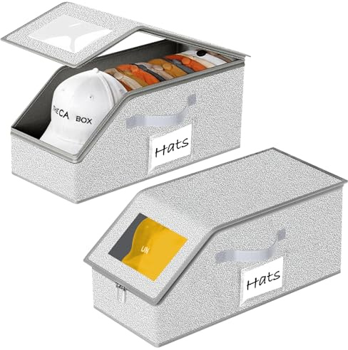 JIDSPWLS Hat Organizer for Baseball Caps 2PCS Stackable Storage with Clear Window Lid, Flip-Top Access, Space-Saving Hat Box for Closet, Breathable Fabric (Grey)