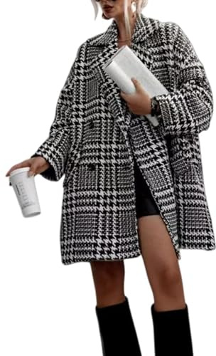 LIUYUYOUGO Manteau Laine Femme Manteau En Laine À Carreaux Pied De Poule Pour Femme Surdimensionné Revers Crantés Mi Long Croisé Style Caban Veste Blazer Pied De Poule Pardessus Ample Et Chaud V