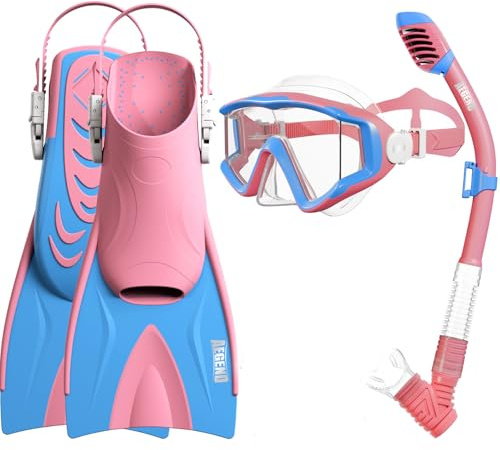 Aegend Snorkeling Gear Set for Kids - Anti-Fog Diving Mask, Adjustable Fins & Dry Snorkel, Full Snorkel Kit for Youth Swimming & Diving (Ages 5-15) (Pink, S/M)