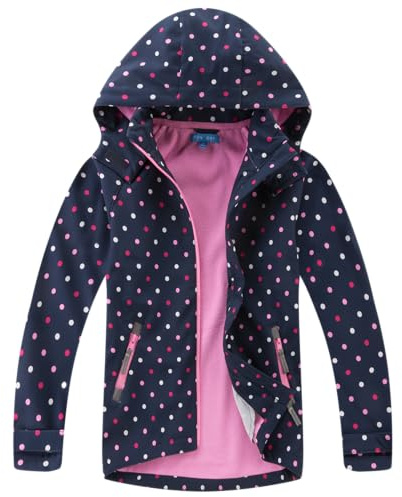 BuyiRen Girls Windbreakers Jacket Rain Jackets Hooded Raincoat Fleece Lined Rain Coats for Kids, Polka Point, 5-6 Years
