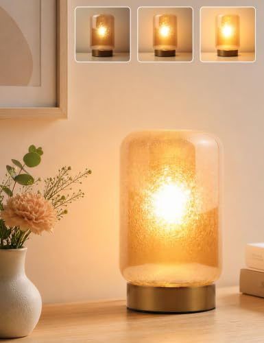 Bedside Lamps, Crackle Glass Lampshade Touch Table Lamp for Bedroom | Gold Metal Base, 3-Way Dim, Touch Control, Warm White, Small LED Lamp Nightstand for Bedside Table Livingroom Dorm Gift Decor