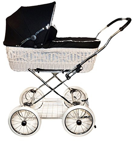 EICHHORN Kinderwagen Weidenkorb - Kinderwagen aus echter Weide, handgeflochten, Korb Weiß, Stoff Schwarz