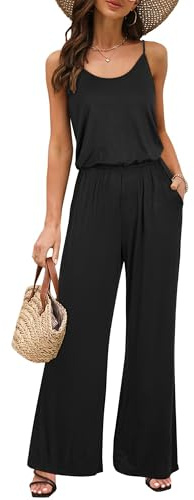 OUGES Women Sleeveless Jumpsuits Wide Leg Pants Summer Casual Playsuit with Pockets(Black,L)